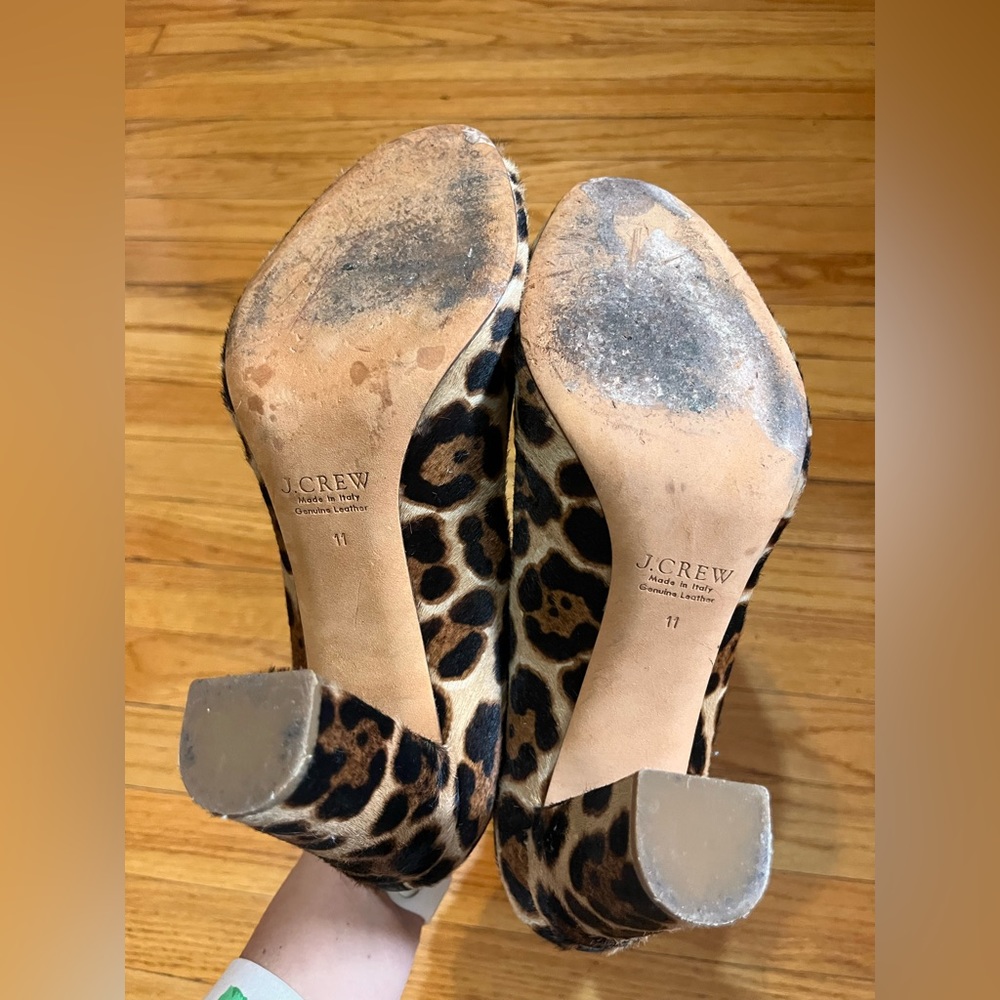 J Crew size 11 leather calf hair animal cheetah heel black brown tan - Picture 8 of 9